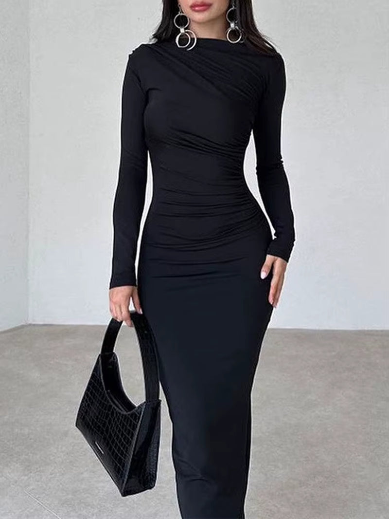Women Elegant Solid Black Bodycon Maxi Dress Long Sleeve Lady O-Neck Evening Party Vestidos Robe