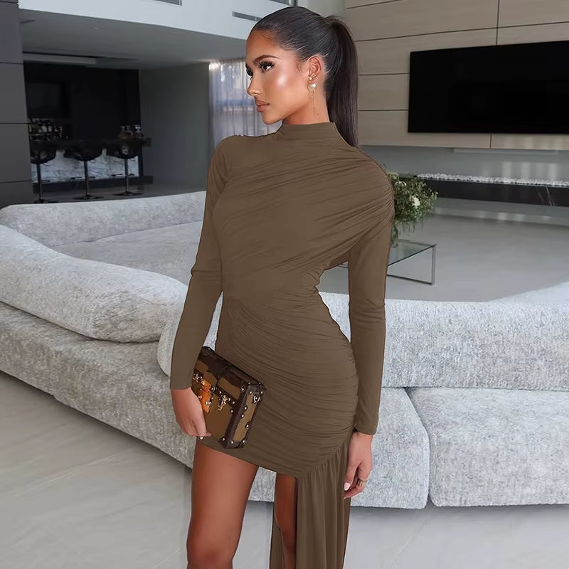 Autumn New Fashionable Slim Fit round Neck Pleated Wrapper Hip Ribbon Long Sleeved Dress