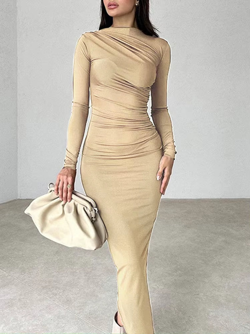 Women Elegant Solid Black Bodycon Maxi Dress Long Sleeve Lady O-Neck Evening Party Vestidos Robe