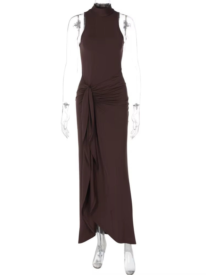2025 New Elegant Draped Ruched Sexy Maxi Dress for Women Fashion O Neck Sleeveless Thigh High Split Club Party Long Dress Female