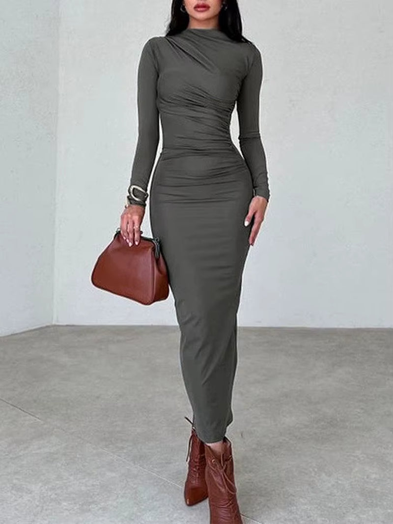 Women Elegant Solid Black Bodycon Maxi Dress Long Sleeve Lady O-Neck Evening Party Vestidos Robe